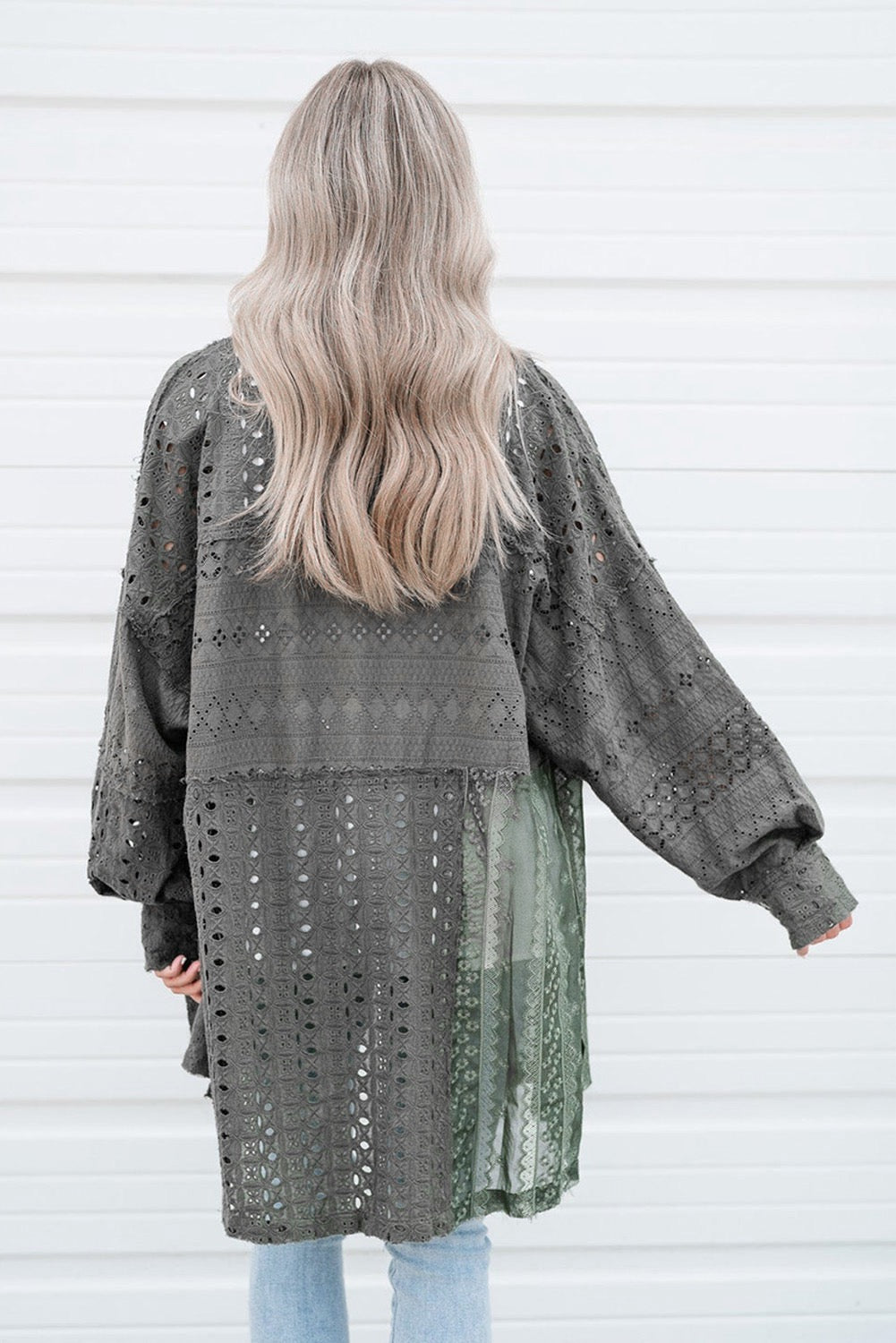 Green Eyelet Pattern Patchwork Oversized Shacket