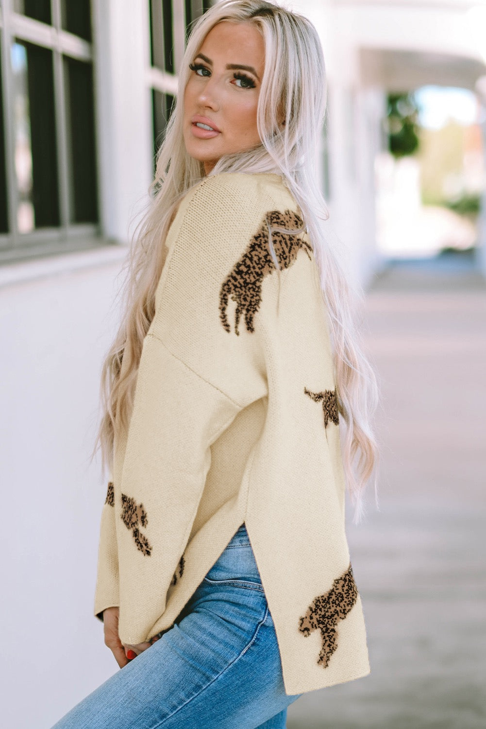 Cheetah Print High Neck Split Hem Sweater