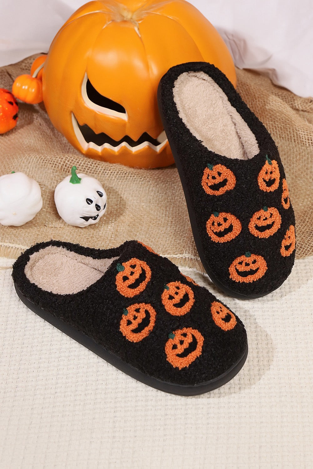 Spooky Black Pumpkin Plush Slippers