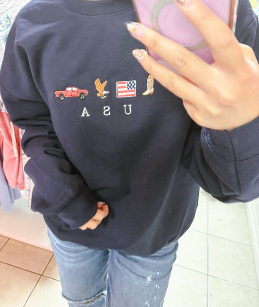 USA Embroidered Icons Crewneck Sweatshirt | Patriotic