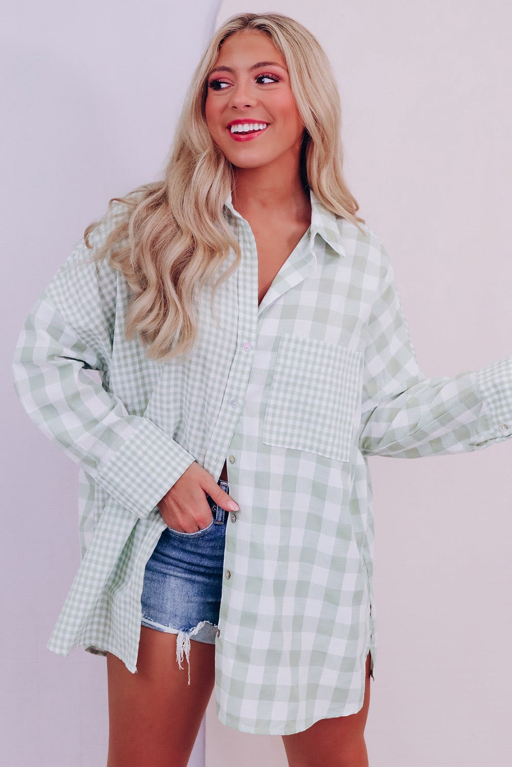 Green Mix Checked Patchwork Button Up