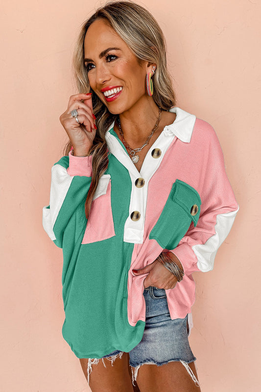 Pink Color Block Ribbed Collared Oversized Sweatshirt