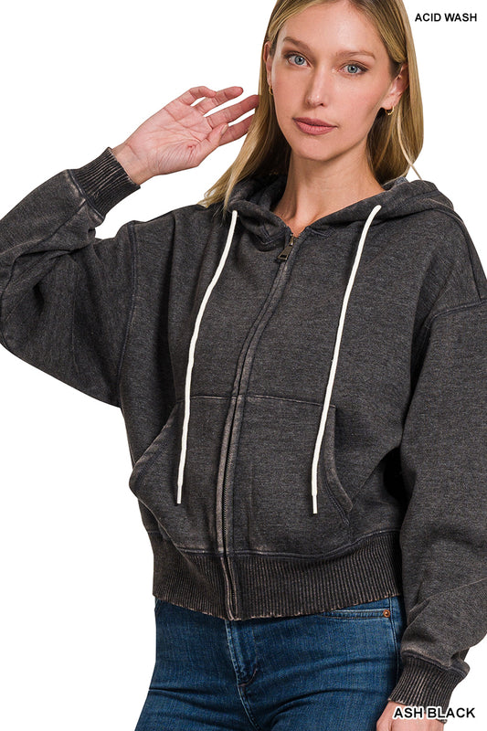Zenana Acid Wash Crop Zip Up