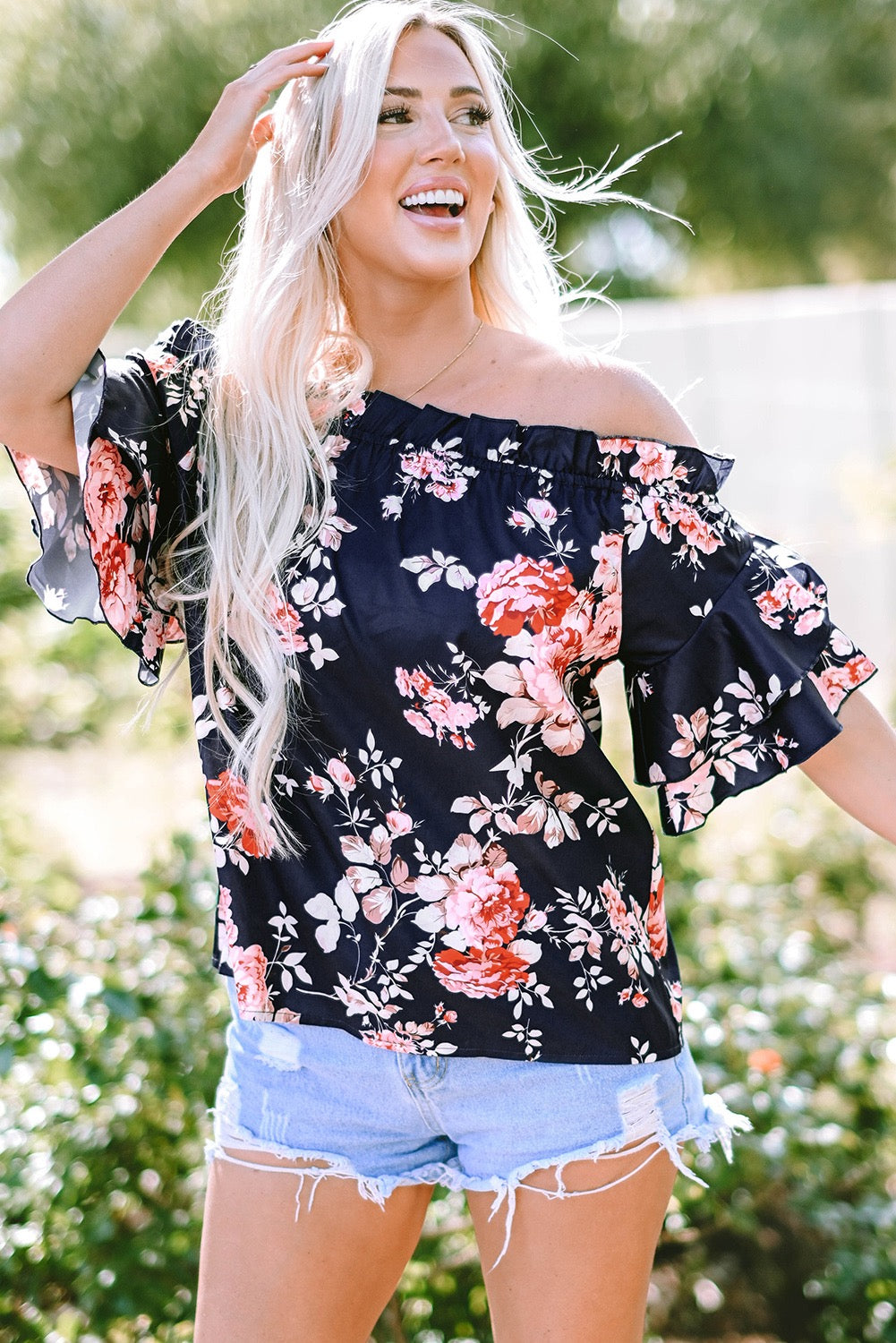 Blue Ruffle Off Shoulder Flounce
Sleeve Floral Blouse