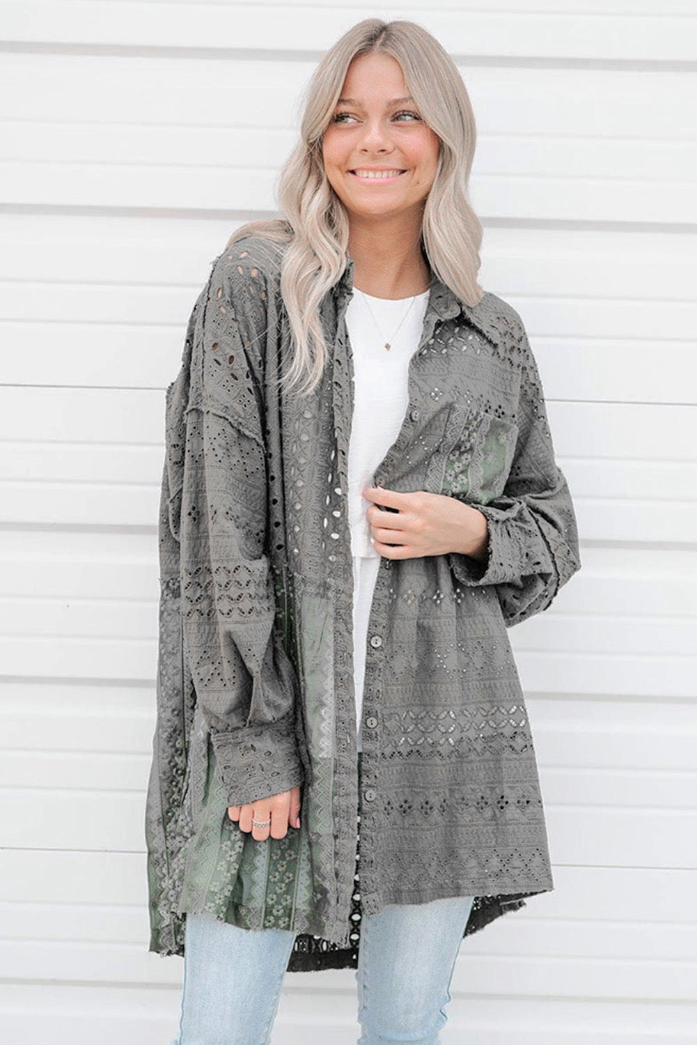 Green Eyelet Pattern Patchwork Oversized Shacket