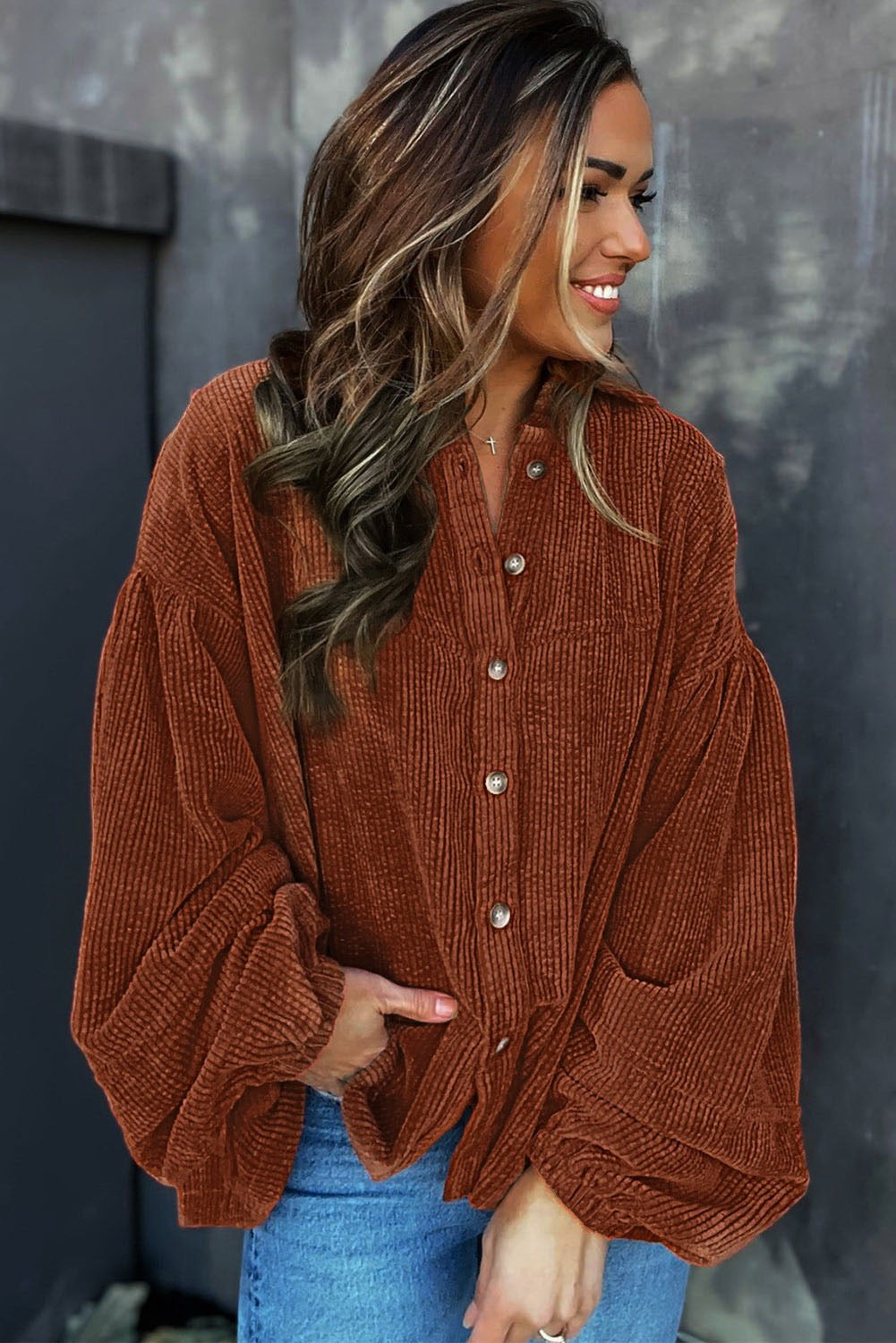 Corduroy Puff Sleeve Blouse