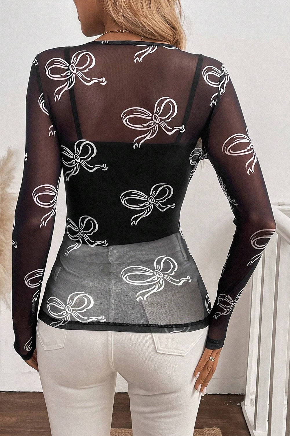 Bow Round Neck Mesh Long Sleeve