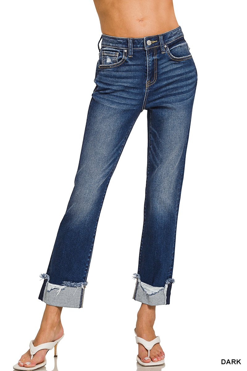 Zenana Cuffed Distressed Straight Leg