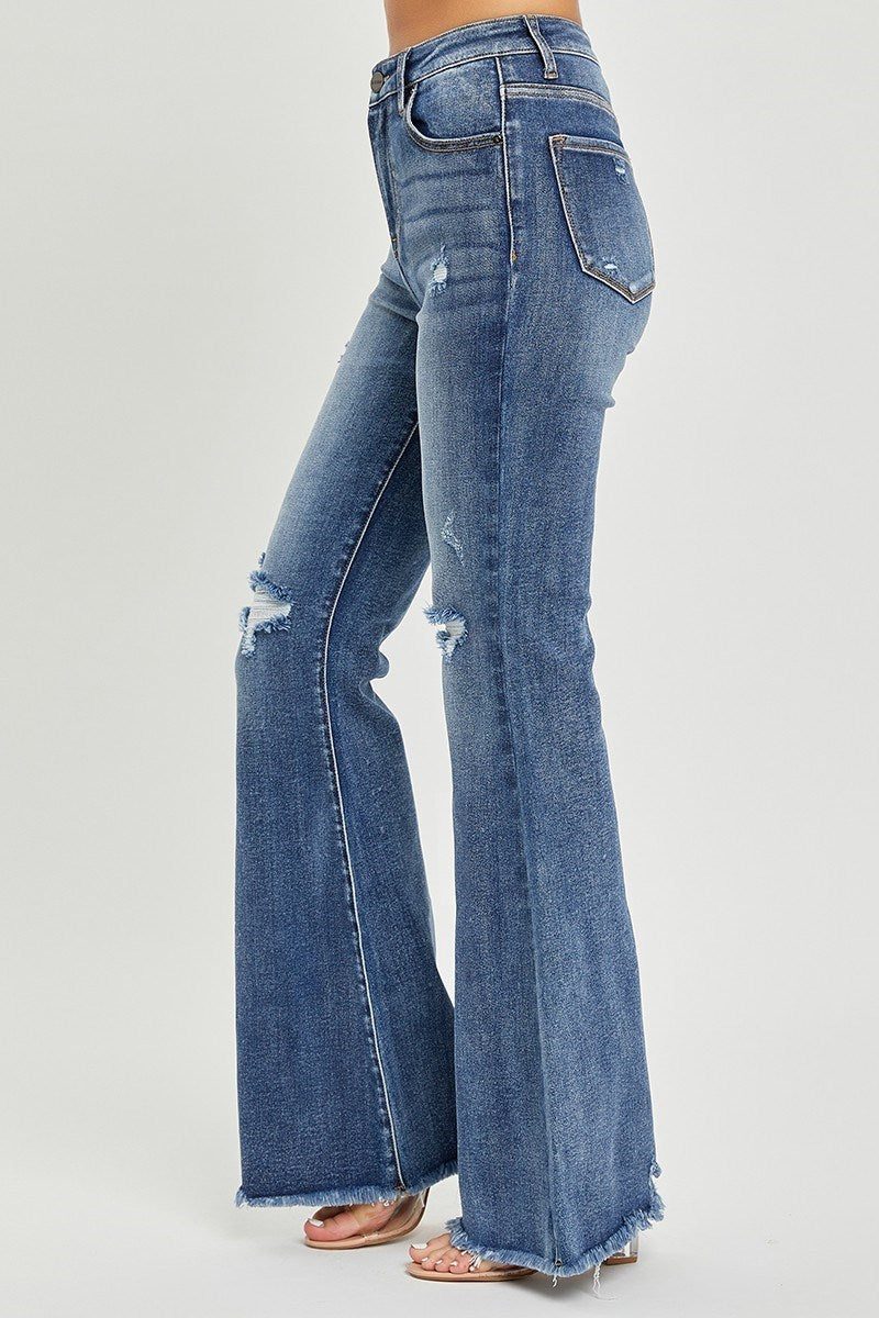 Plus HR Raw Hem Flare Jeans