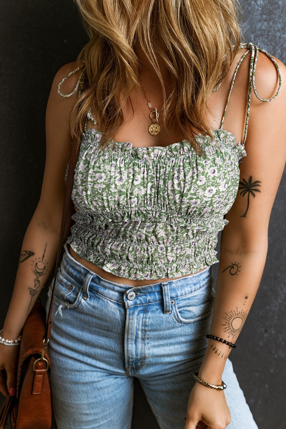 Green Floral Print Tie Straps Cropped Tank