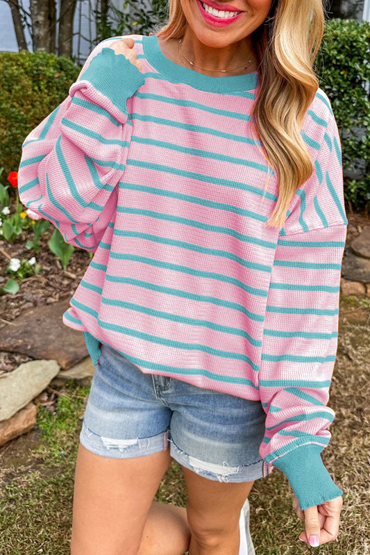 Pink Stripe Round Neck Drop Shoulder Sweatshirt