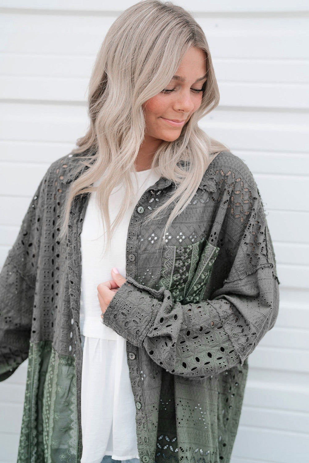 Green Eyelet Pattern Patchwork Oversized Shacket