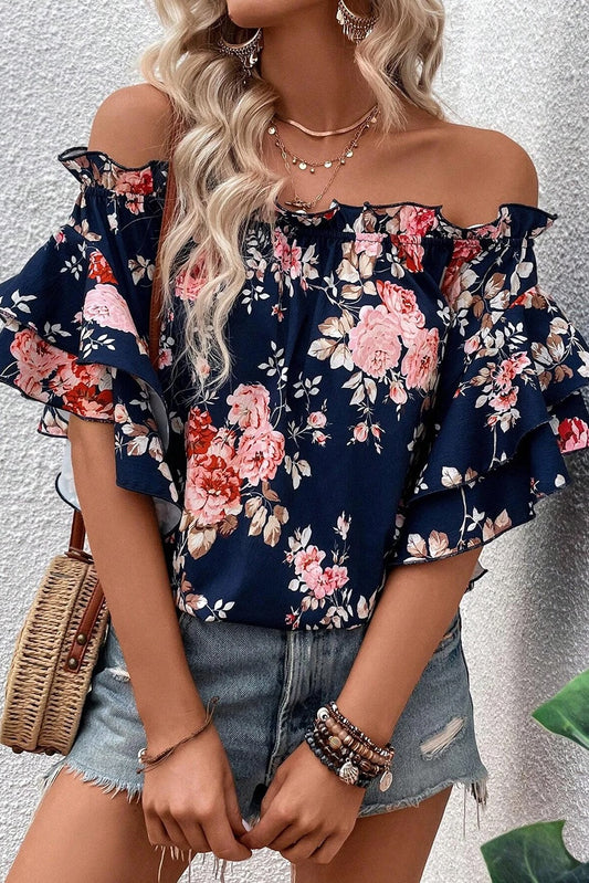 Blue Ruffle Off Shoulder Flounce
Sleeve Floral Blouse