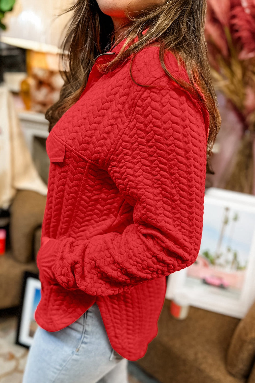 Plus Red Cable Textured Quarter Zip Pullover