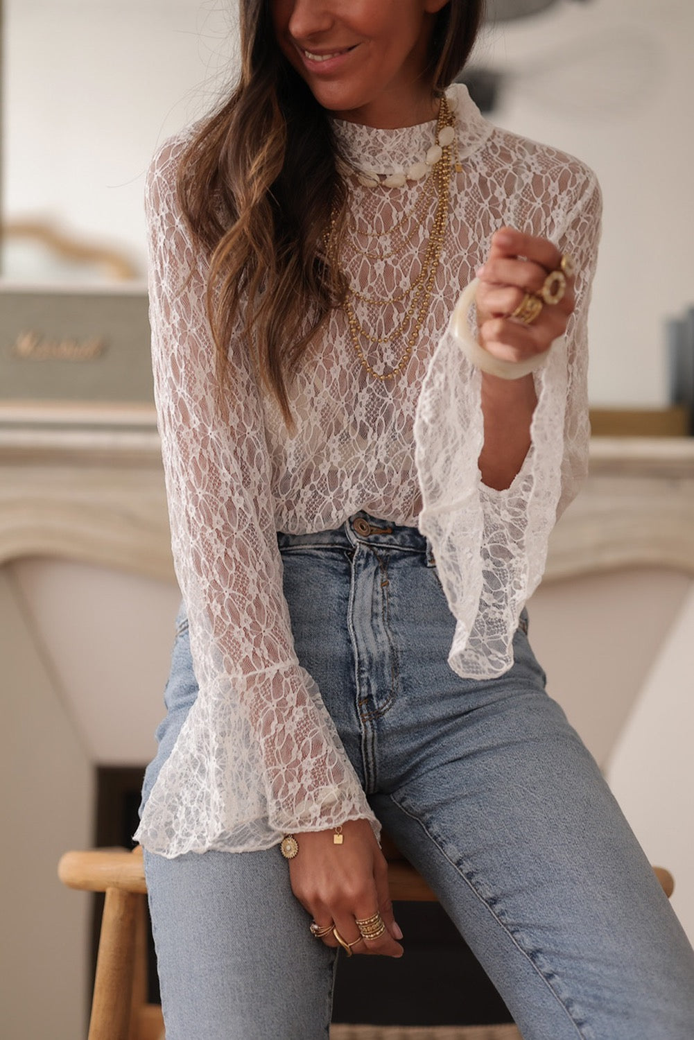 White Lace Bell Sleeve Mesh Top