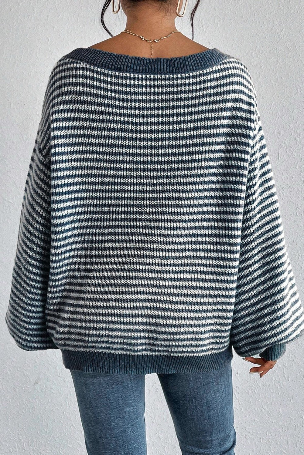 Sail Blue Striped Lantern Sleeve Cozy Sweater