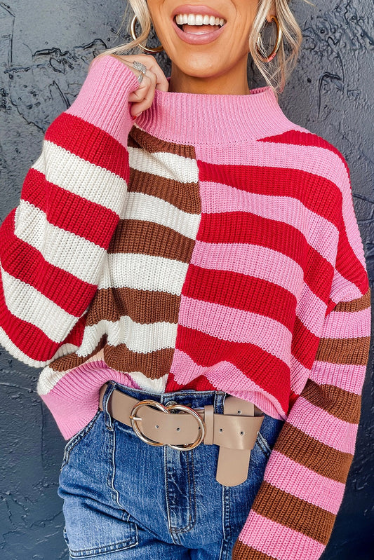 Pink Stripe Color Block High Neck Sweater