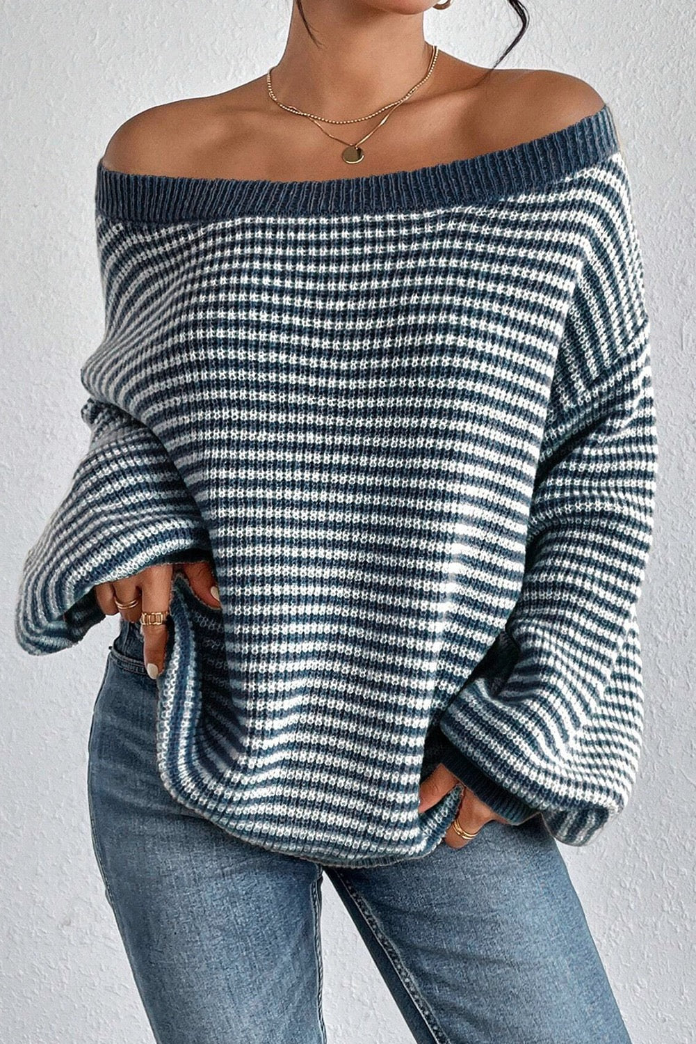 Sail Blue Striped Lantern Sleeve Cozy Sweater