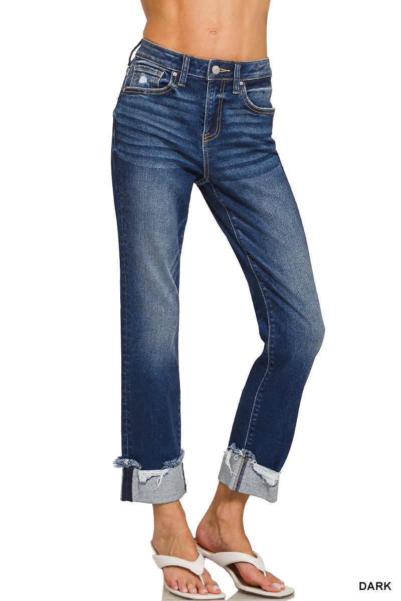 Zenana Cuffed Distressed Straight Leg