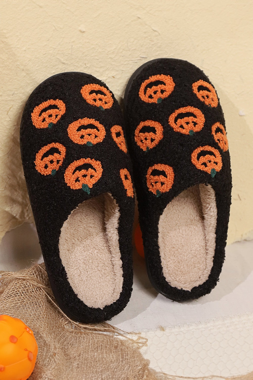 Spooky Black Pumpkin Plush Slippers