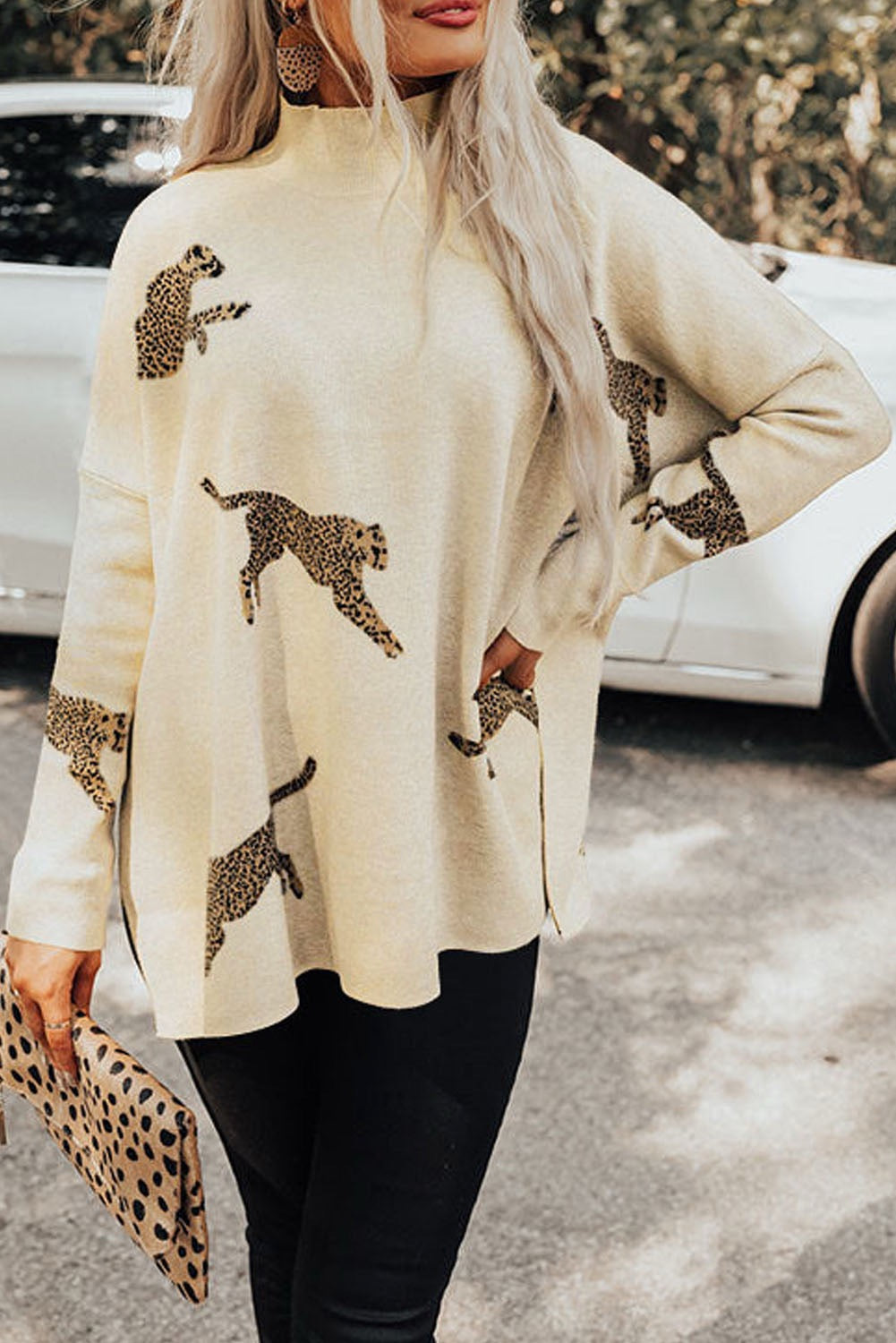 Cheetah Print High Neck Split Hem Sweater