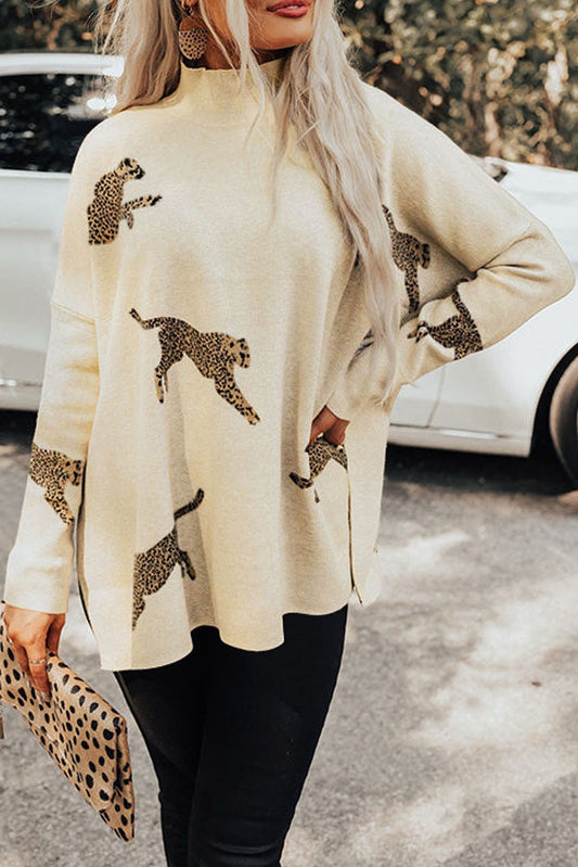 Cheetah Print High Neck Split Hem Sweater