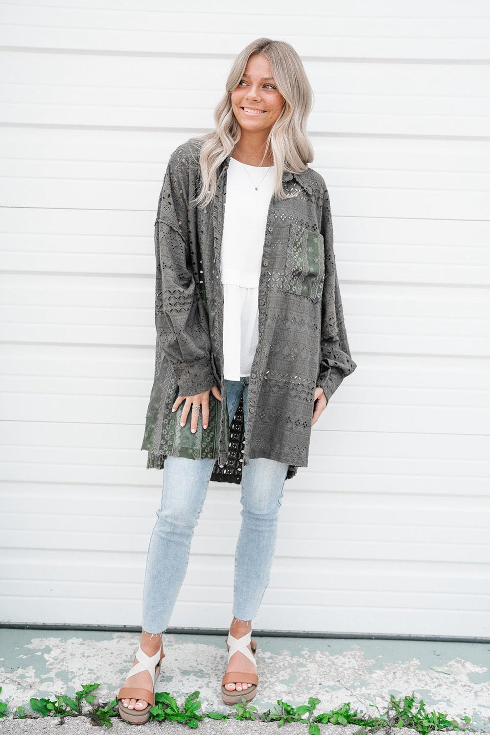 Green Eyelet Pattern Patchwork Oversized Shacket