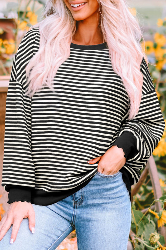 Black Striped Loose Drop Shoulder Long Sleeve