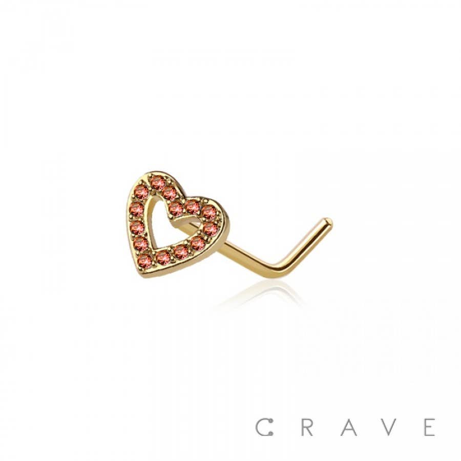 CZ PAVED HEART 316L SURGICAL STEEL L-SHAPE NOSE STUD