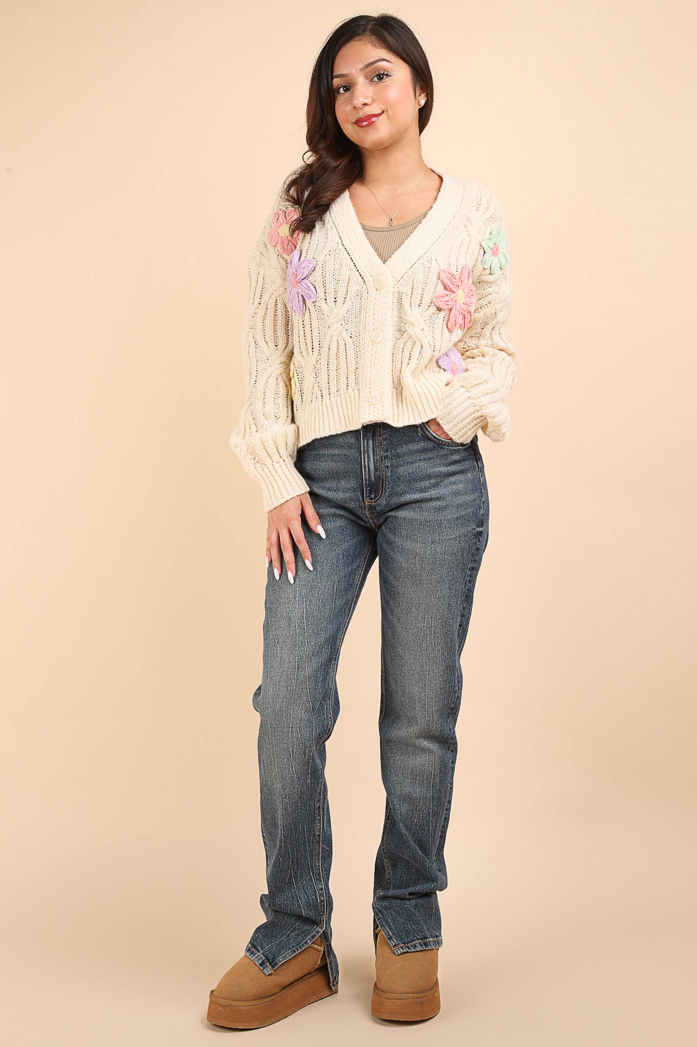 Hand-Made Flower Applique Knit Sweater Cardigan