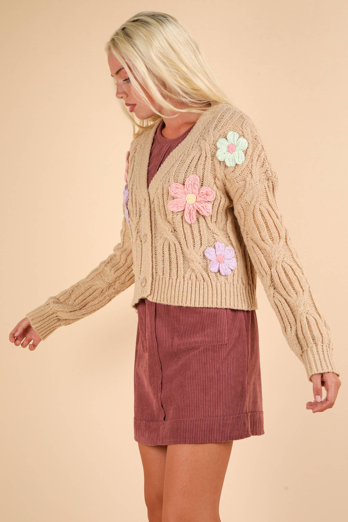 Hand-Made Flower Applique Knit Sweater Cardigan