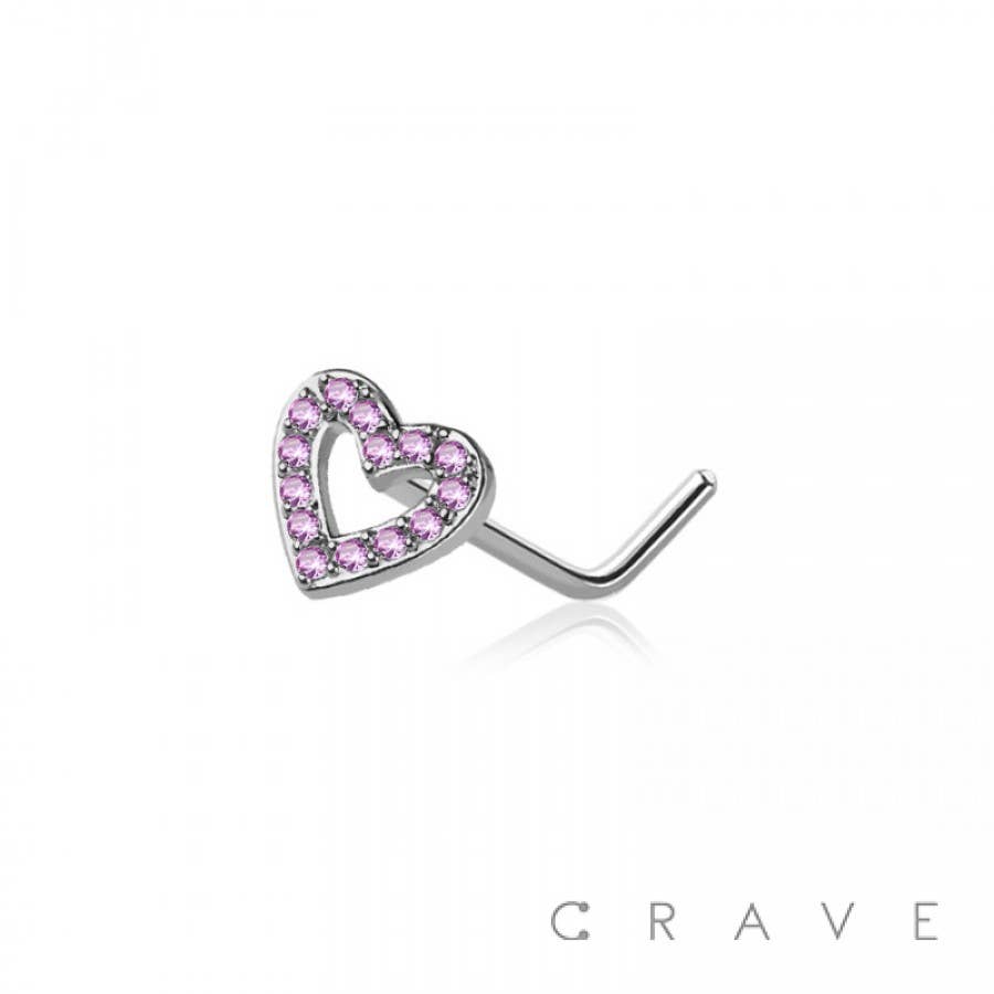 CZ PAVED HEART 316L SURGICAL STEEL L-SHAPE NOSE STUD