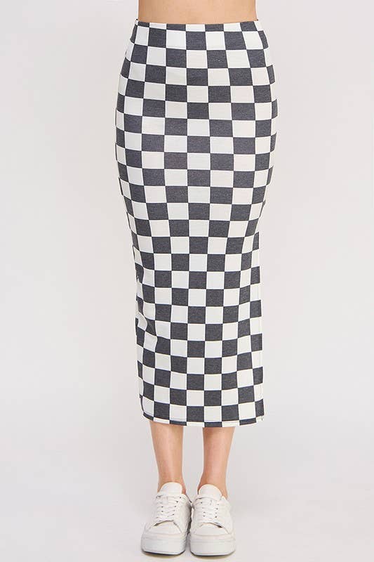 HI-WAIST CHECKERED MIDI PENCIL SKIRT w/ SIDE SLIT