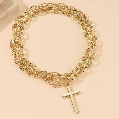 PUFFY CROSS CHUNKY CHAIN STATEMENT TOGGLE NECKLACE
