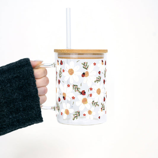 Daisy & Ladybug 17oz Glass Mug With Lid and Straw