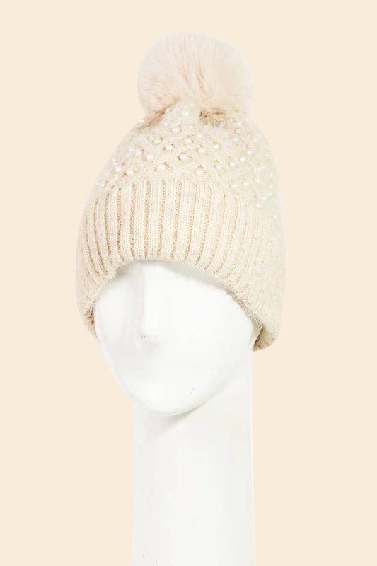 Pearl Studded Pom Beanie