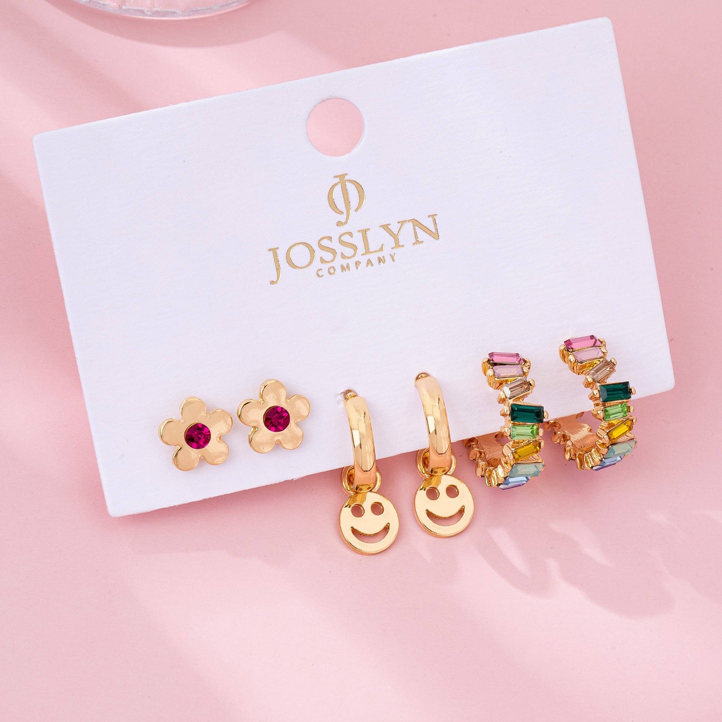 Rainbow Crystal, Smiley, and Floral Trio Earrings