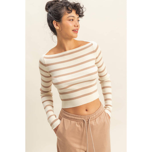 Striped Boatneck Long-Sleeve Crop Knit Top
