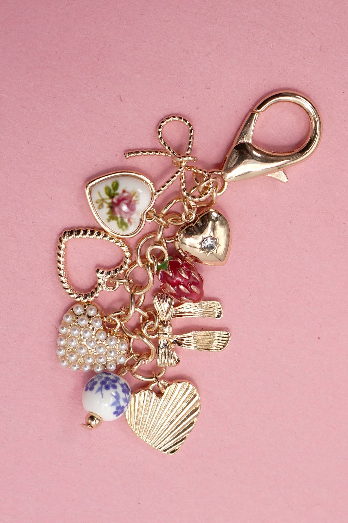 PORCELAIN BOWS HEARTS PEARL STRAWBERRY BAG CHARM |