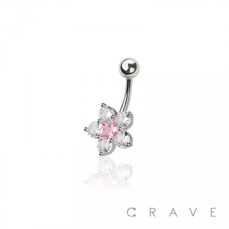 316L SURGICAL STEEL STAR FLOWER PINK CZ NON DANGLE BELLY BUT