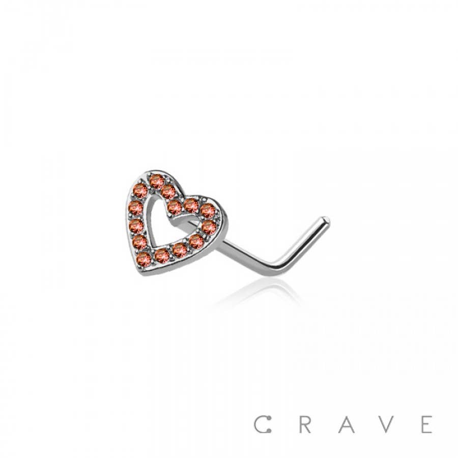 CZ PAVED HEART 316L SURGICAL STEEL L-SHAPE NOSE STUD