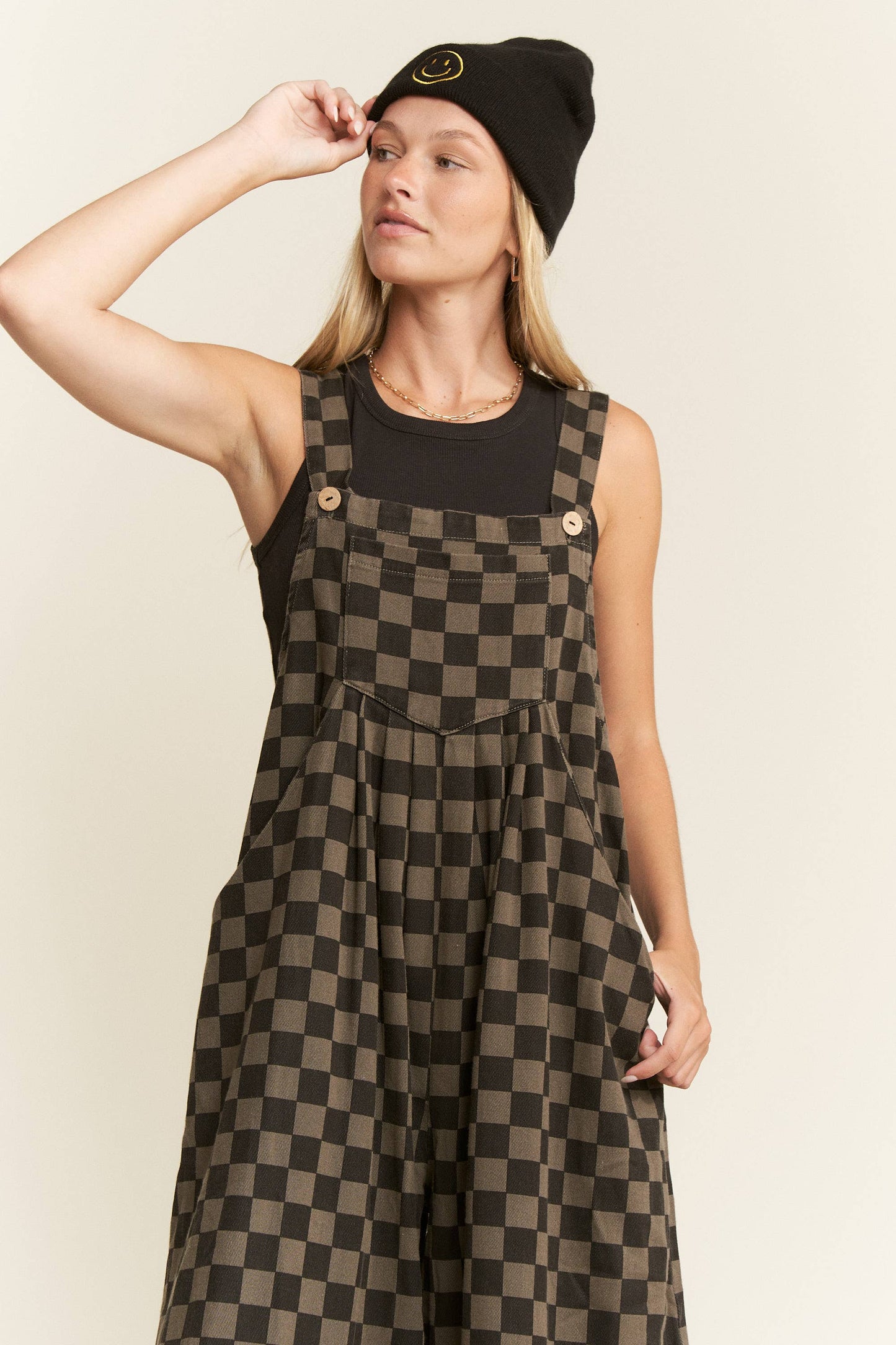 CHECKERED WIDE LEG OVERALLS
