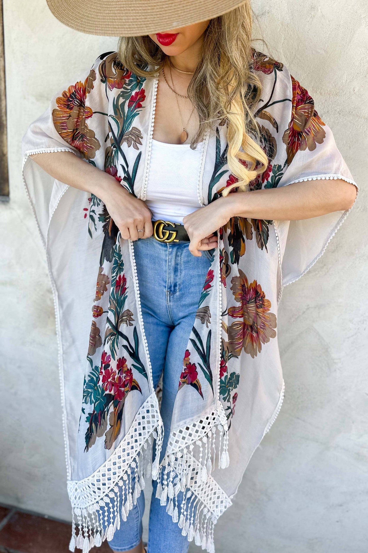 White Floral Print Lace Detail Tassel Bottom Kimono Cardigan