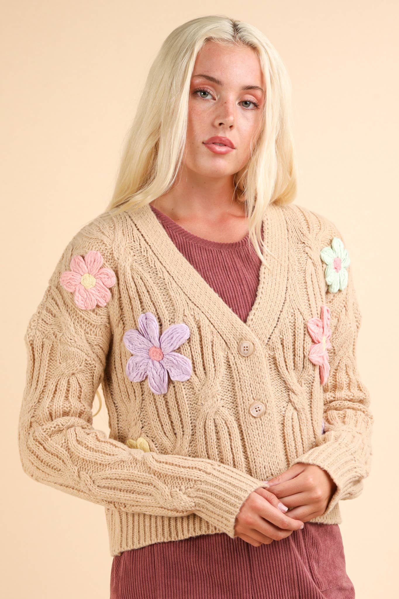 Hand-Made Flower Applique Knit Sweater Cardigan