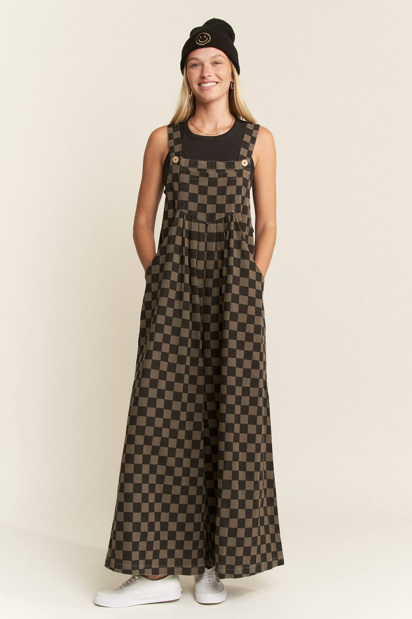CHECKERED WIDE LEG OVERALLS
