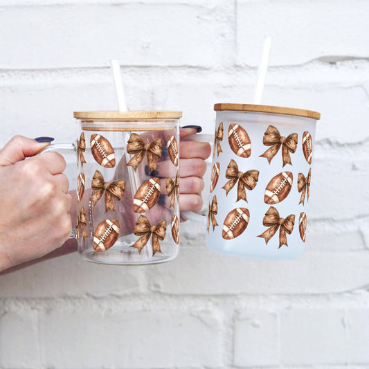 Football + Bows 17oz Glass Mug With Lid and Straw