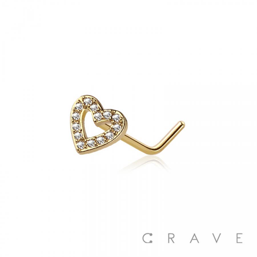 CZ PAVED HEART 316L SURGICAL STEEL L-SHAPE NOSE STUD