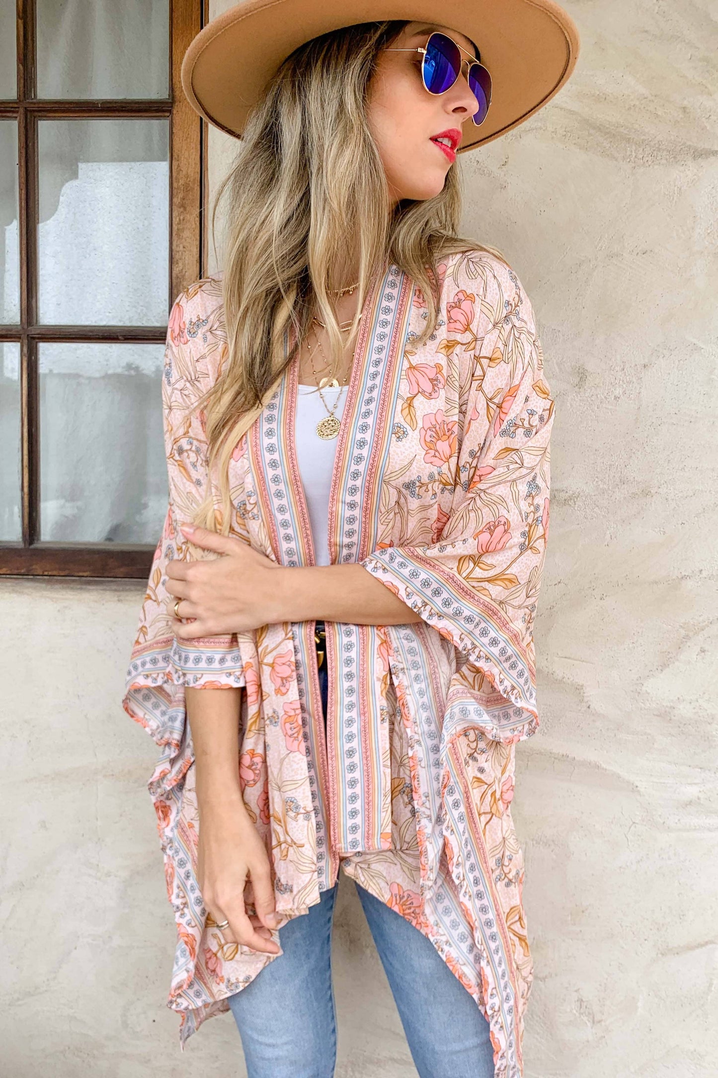 Blush Floral Border Printed Kimono Cardigan Cover Up