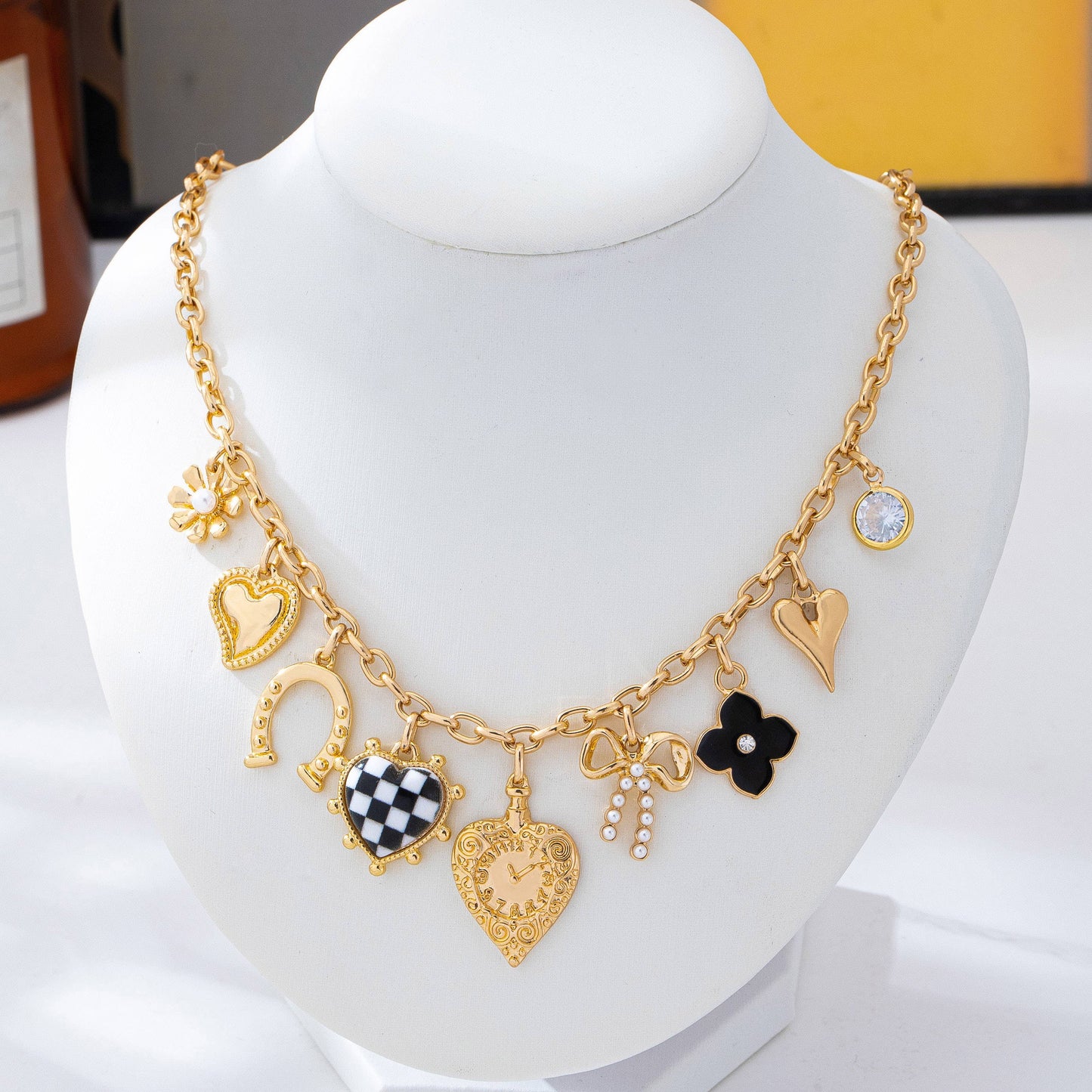 Checkered HeartPearl Bow Multi-Charm Link Necklace