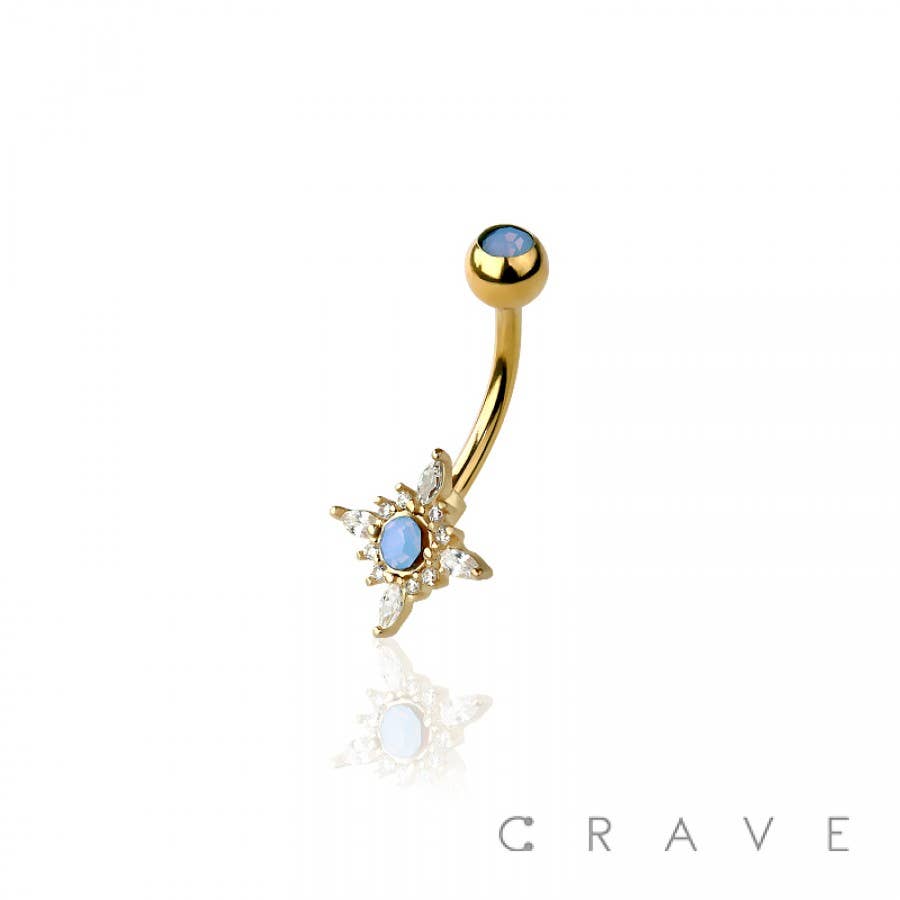 316L SURGICAL STEEL STAR BURST CZ AND OPAL STONE NON DANGLE